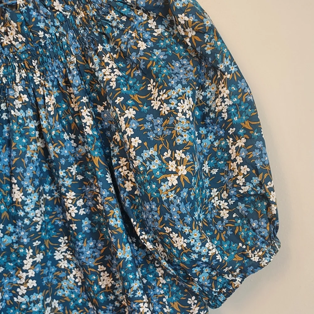 J. Crew Liberty Print Short Puff Sleeve Blue Floral Blouse Top Size XS